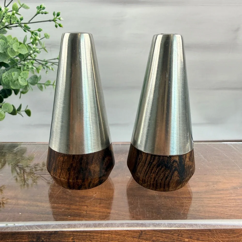 A&B Denmark Teak & Stainless Steel Salt Pepper Shakers Mid Century